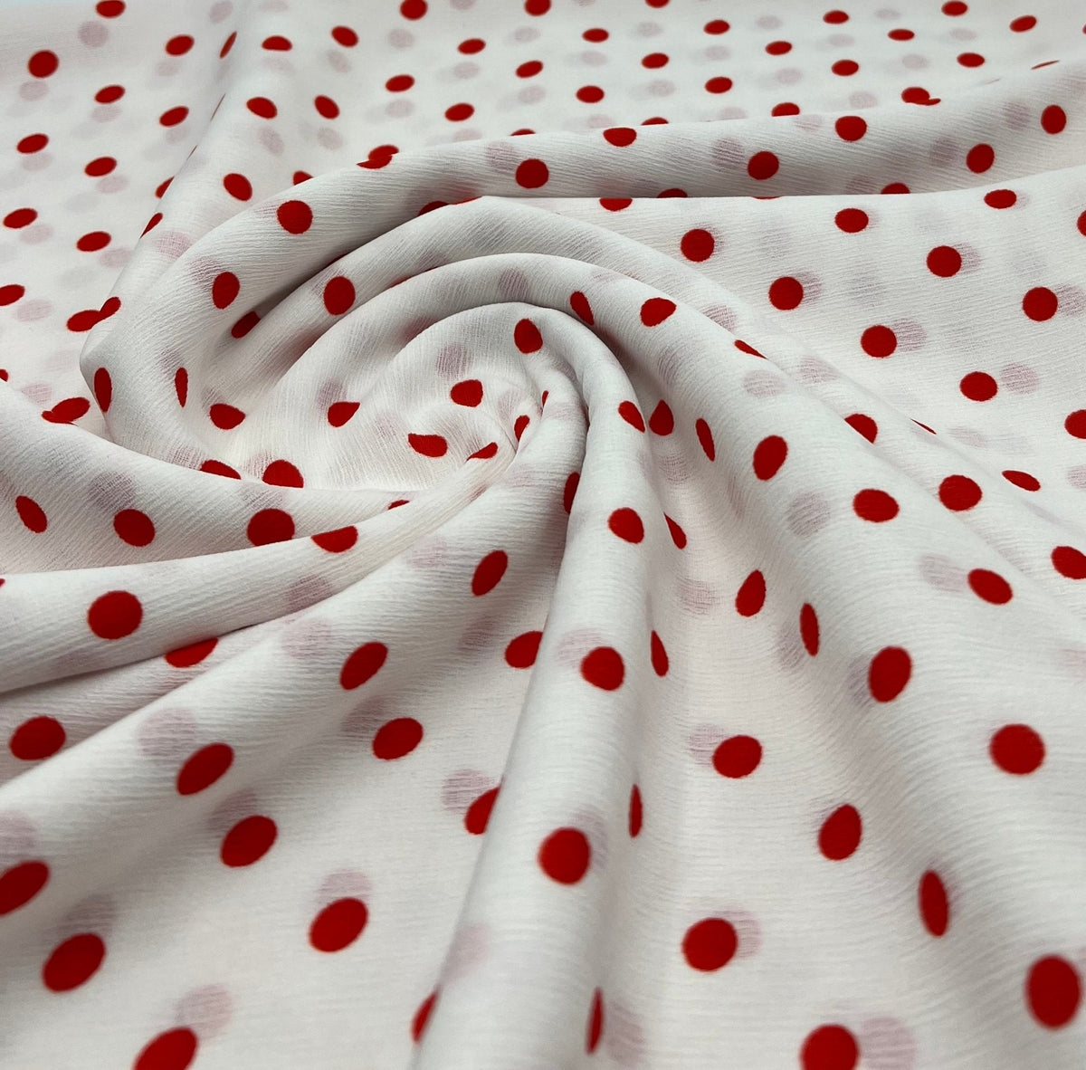 White Red Polka Spot Lightweight Crepe Non Stretch Fabric