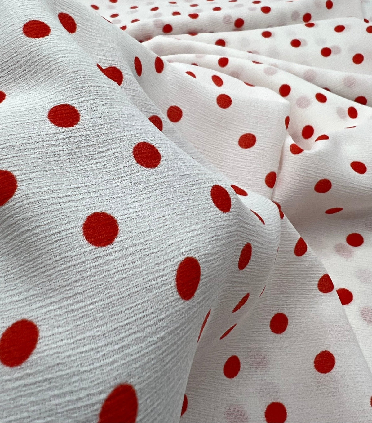 White Red Polka Spot Lightweight Crepe Non Stretch Fabric