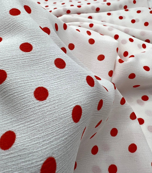 White Red Polka Spot Lightweight Crepe Non Stretch Fabric