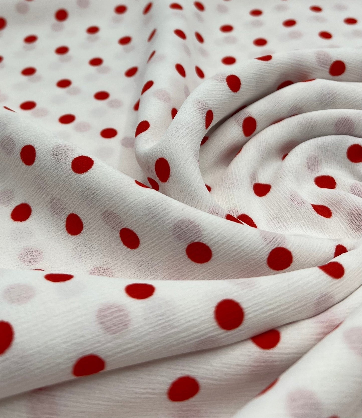 White Red Polka Spot Lightweight Crepe Non Stretch Fabric