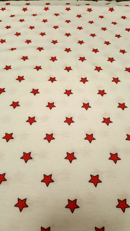 White Red Star Print Spun Poly Stretch Fabric