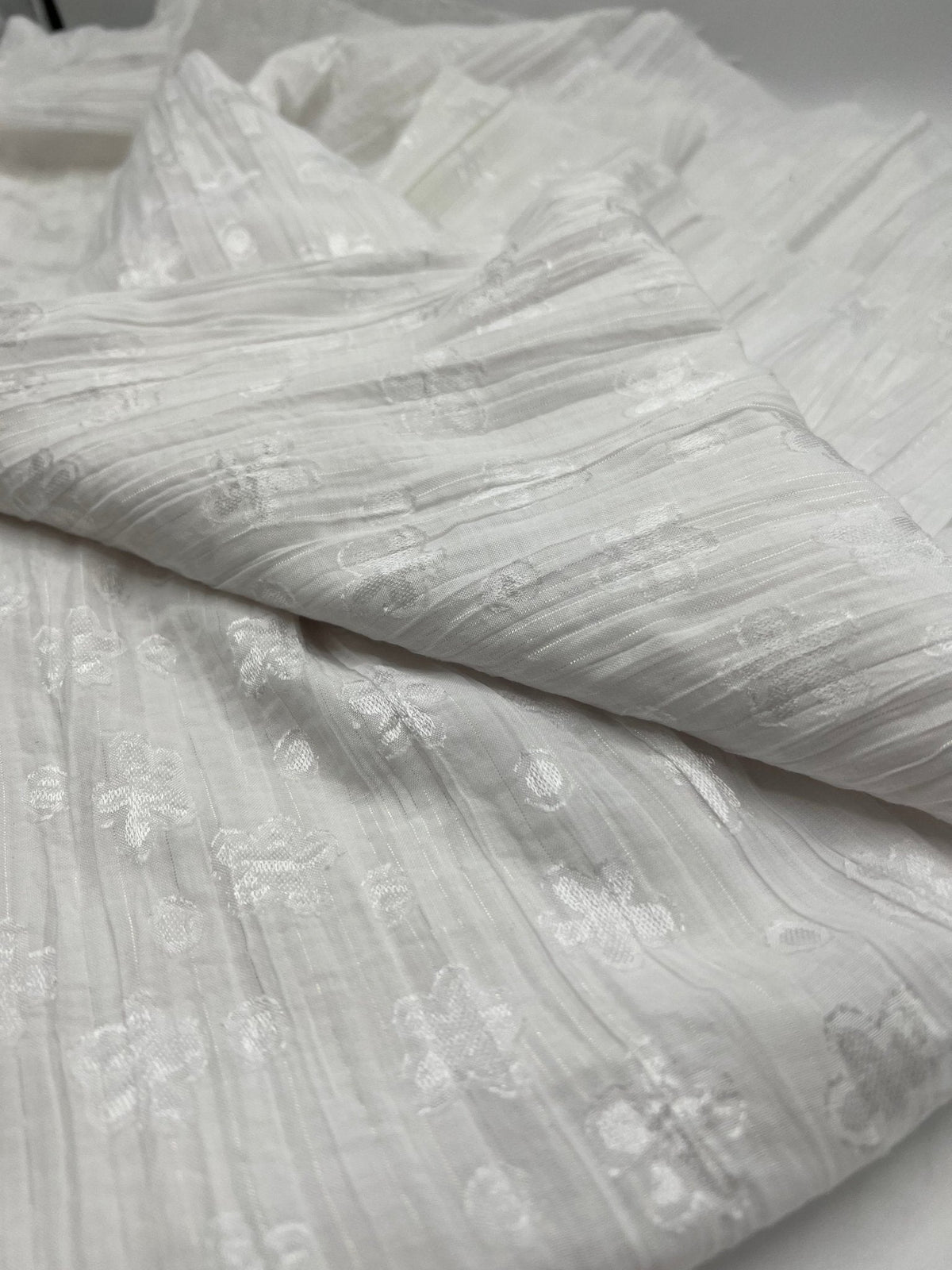 White Shiny Floral Crinkled Lightweight Non Stretch Woven Fabric