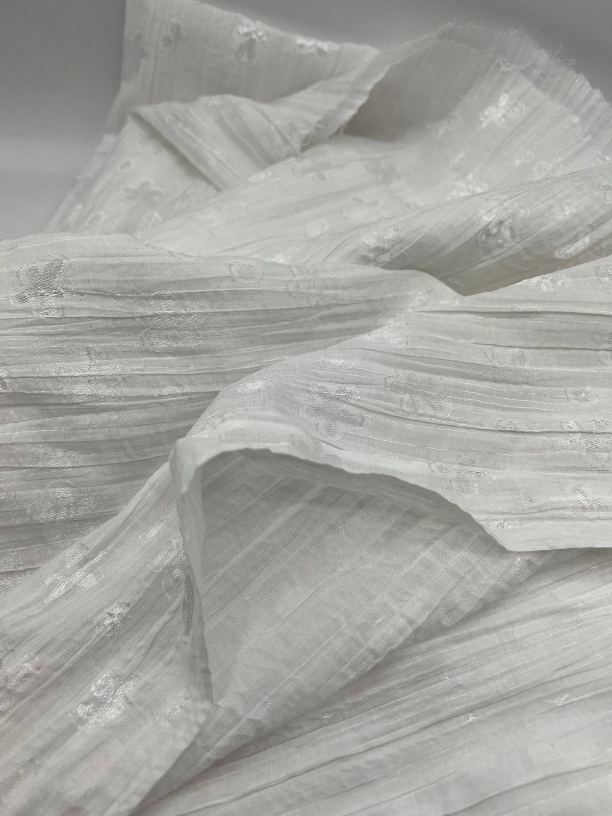 White Shiny Floral Crinkled Lightweight Non Stretch Woven Fabric