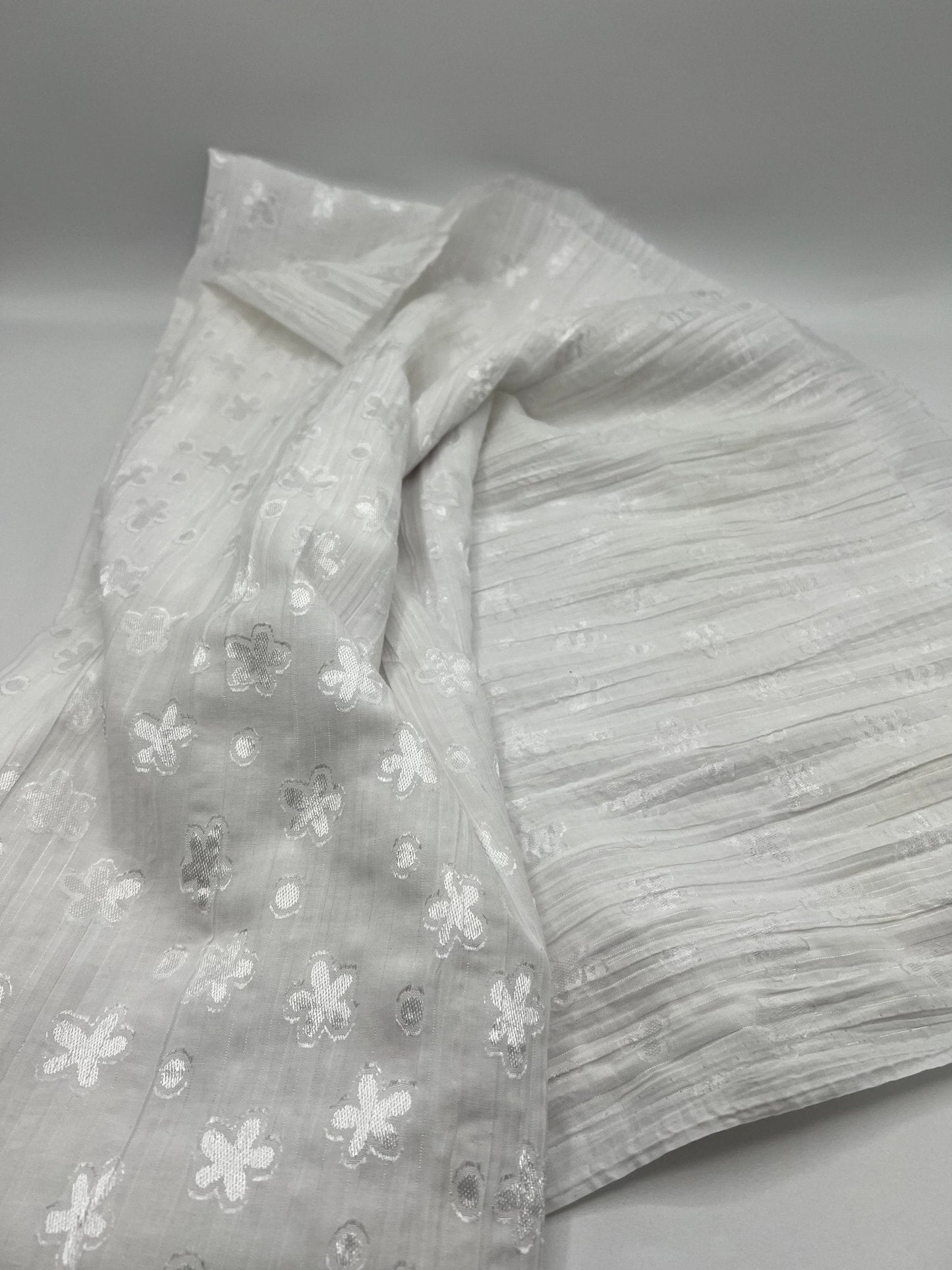 White Shiny Floral Crinkled Lightweight Non Stretch Woven Fabric