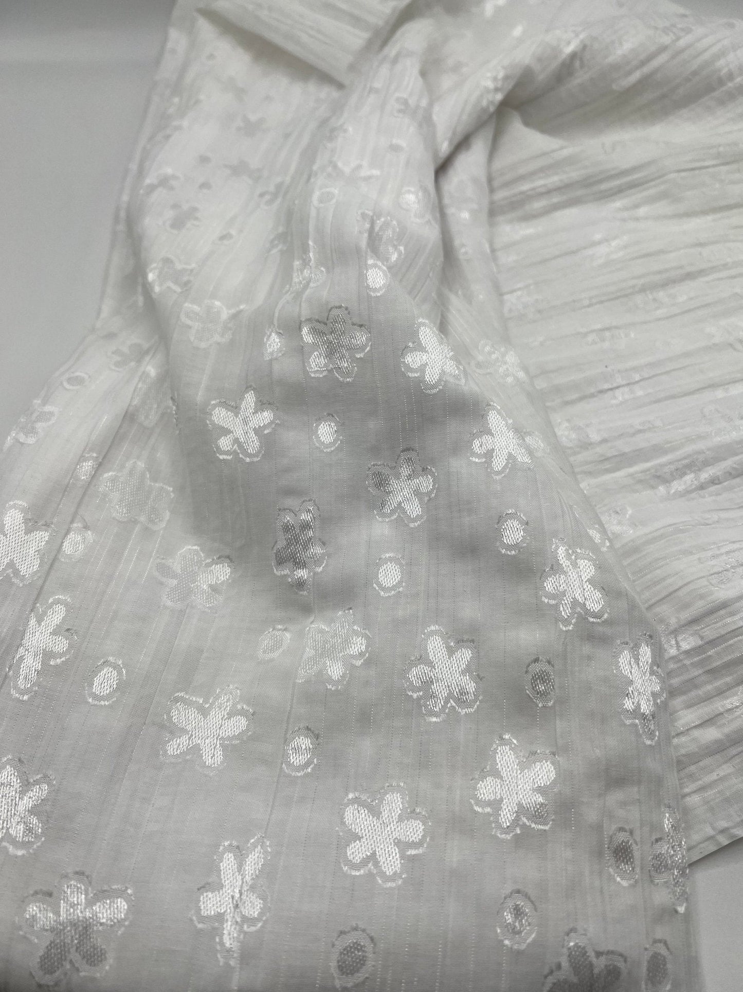 White Shiny Floral Crinkled Lightweight Non Stretch Woven Fabric