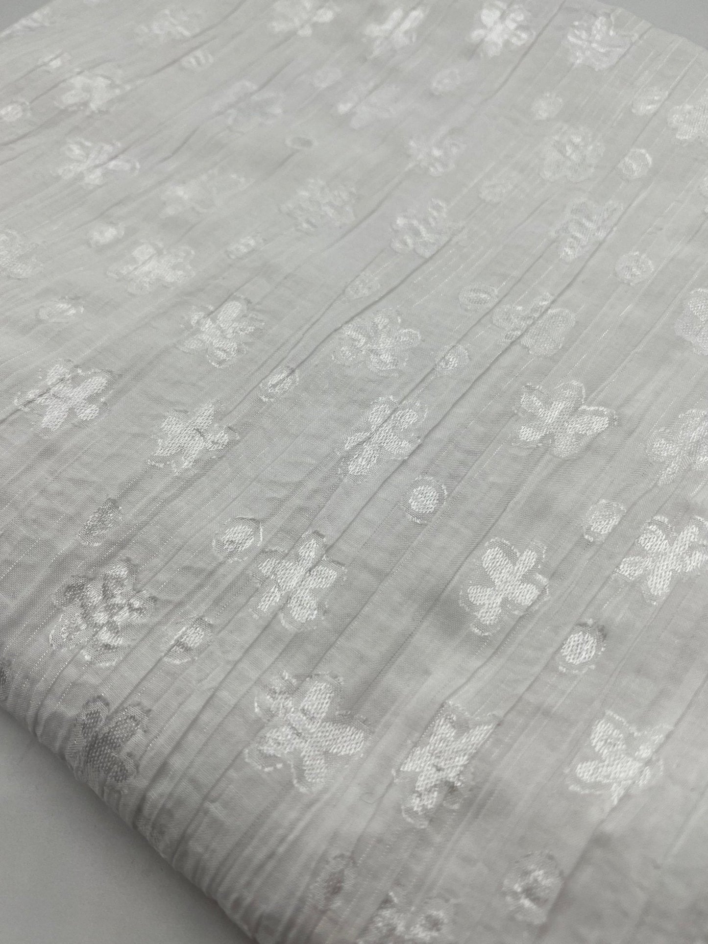 White Shiny Floral Crinkled Lightweight Non Stretch Woven Fabric
