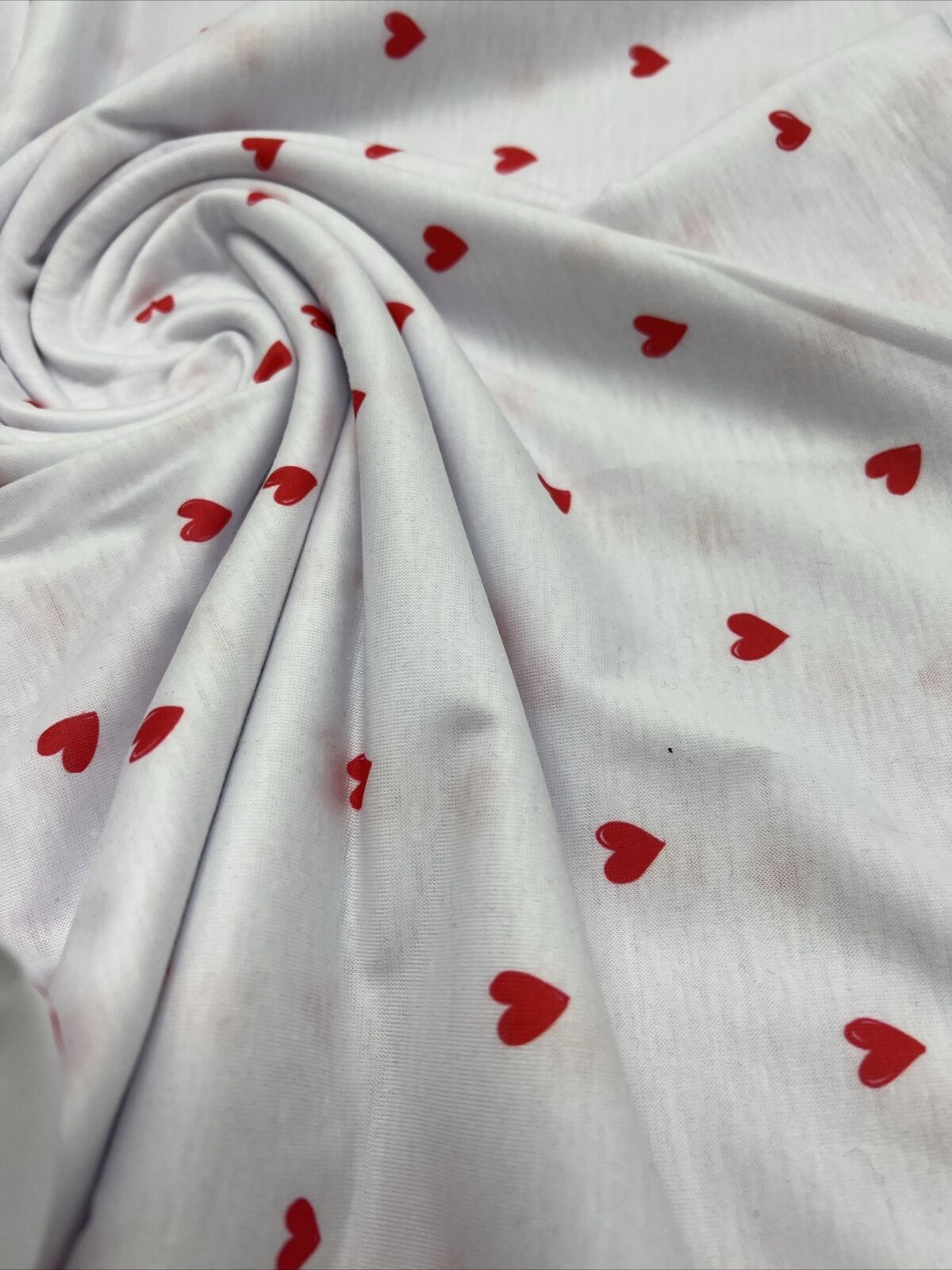 White Small Heart Print Spun Poly Stretch Fabric