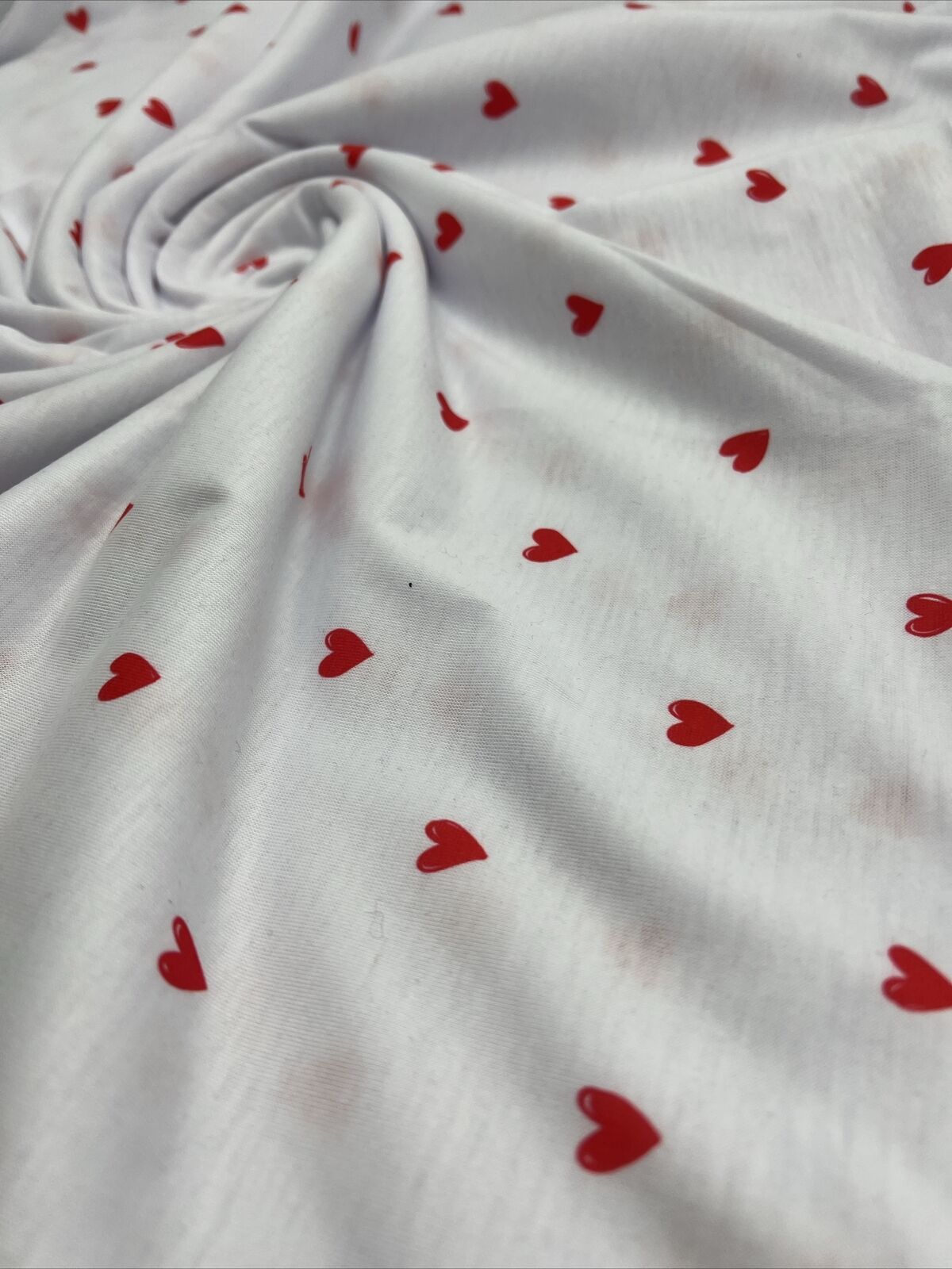 White Small Heart Print Spun Poly Stretch Fabric