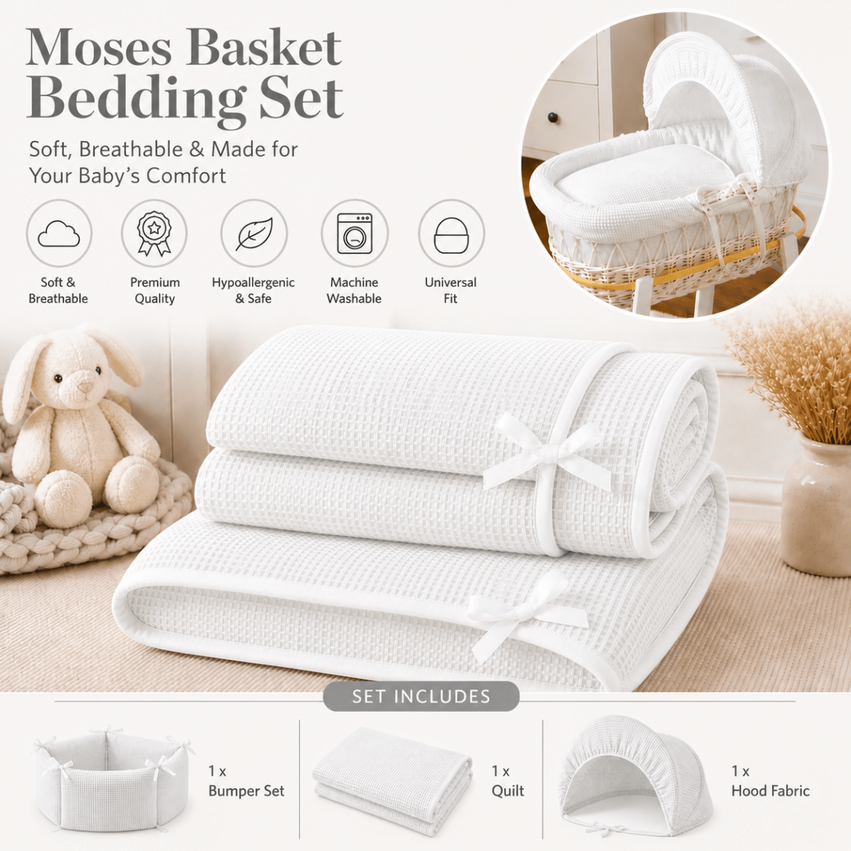White Waffle Moses Basket Bedding Set (Basket Not Included!)