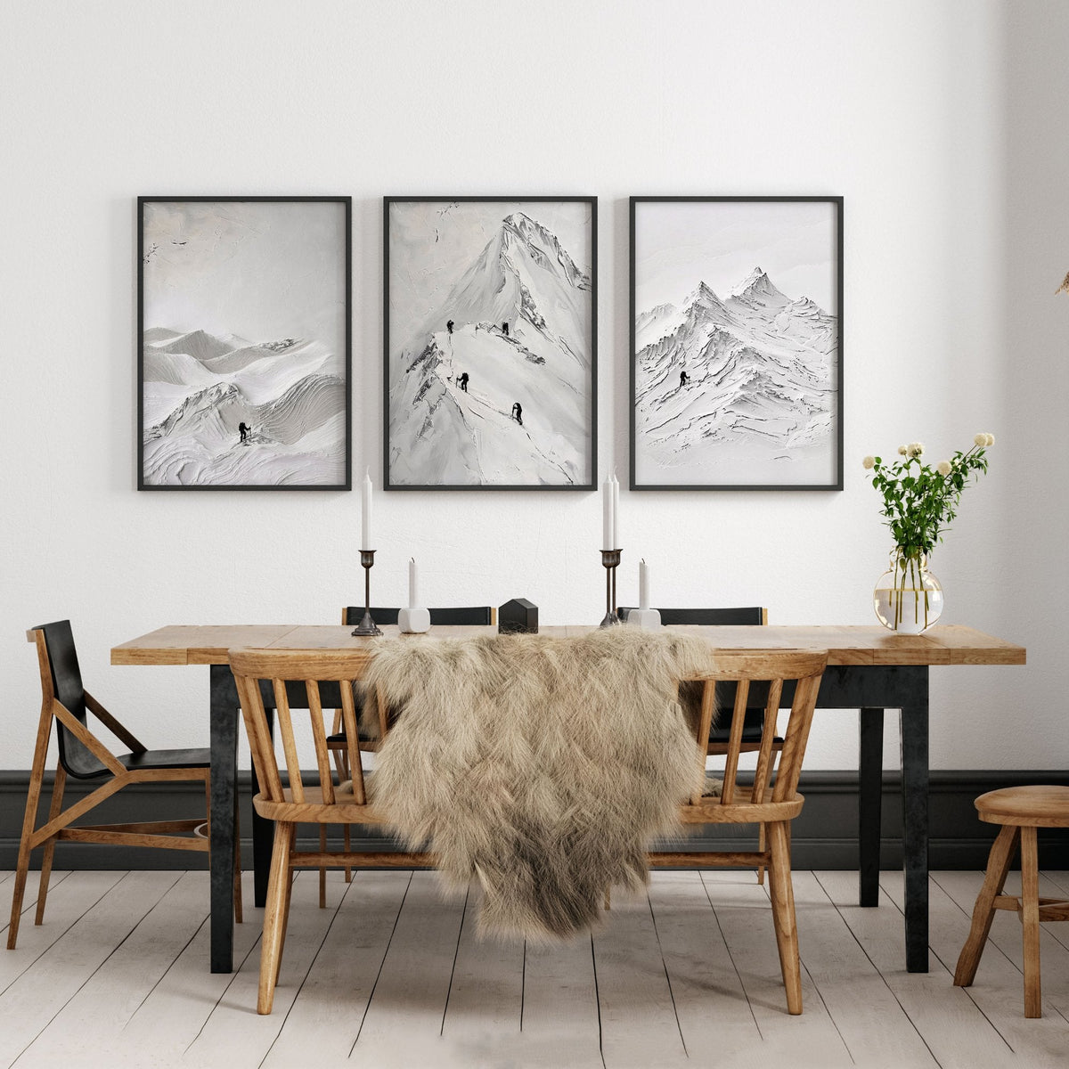 White Wall Art Scandi Mountain Climbers Landscape Art Prints | Set of 3