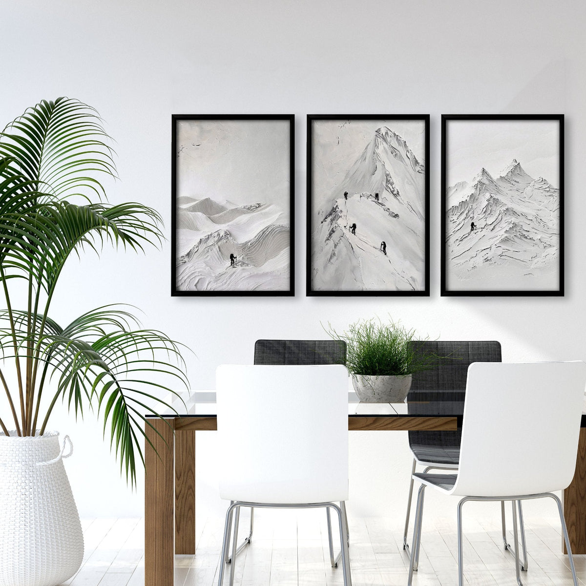White Wall Art Scandi Mountain Climbers Landscape Art Prints | Set of 3