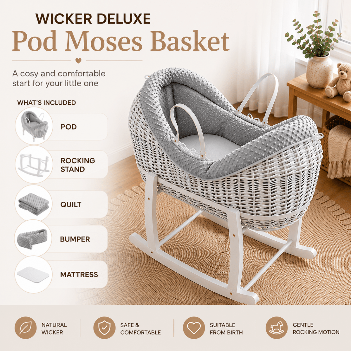 Wicker Deluxe Pod Baby Moses Basket With Stand