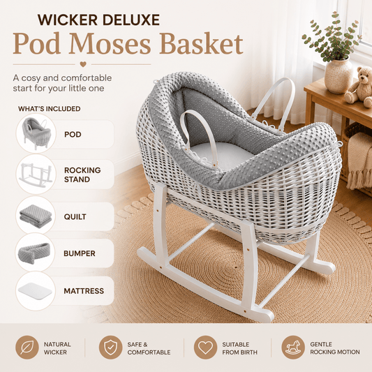 Wicker Deluxe Pod Baby Moses Basket With Stand