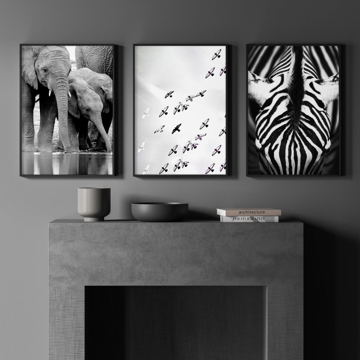 Wildlife Art Prints Black & White Safari — Elephants, Birds & Zebra | Set of 3