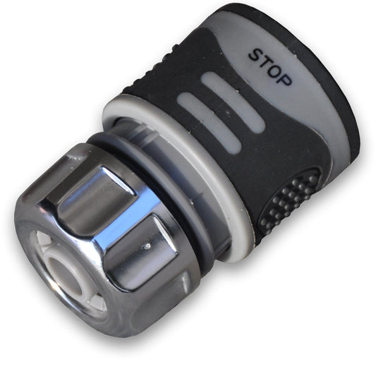 Female Hose Connector With Stop, 1/2" or 5/8" Hose, Grey