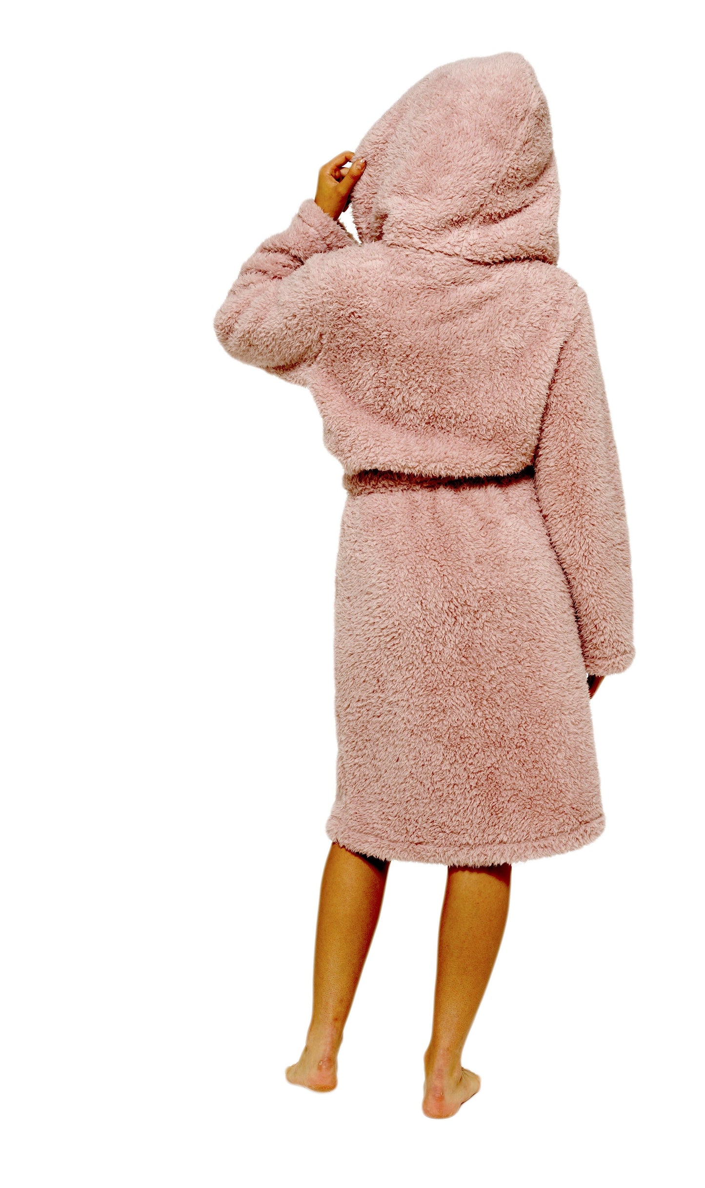 Women's Dusky Pink Teddy Fleece Hooded Robe with Sherpa Lining Ultra-Soft Cosy Dressing Gown for Winter Lounging Various Sizes by Daisy Dreamer