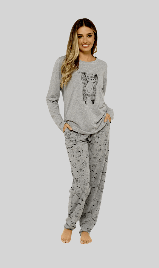 OLIVIA ROCCO Women's Grey Cotton Pyjama Set With Lazy Sloth Design, Long Sleeve Sleepwear For Her, Comfortable Nightwear