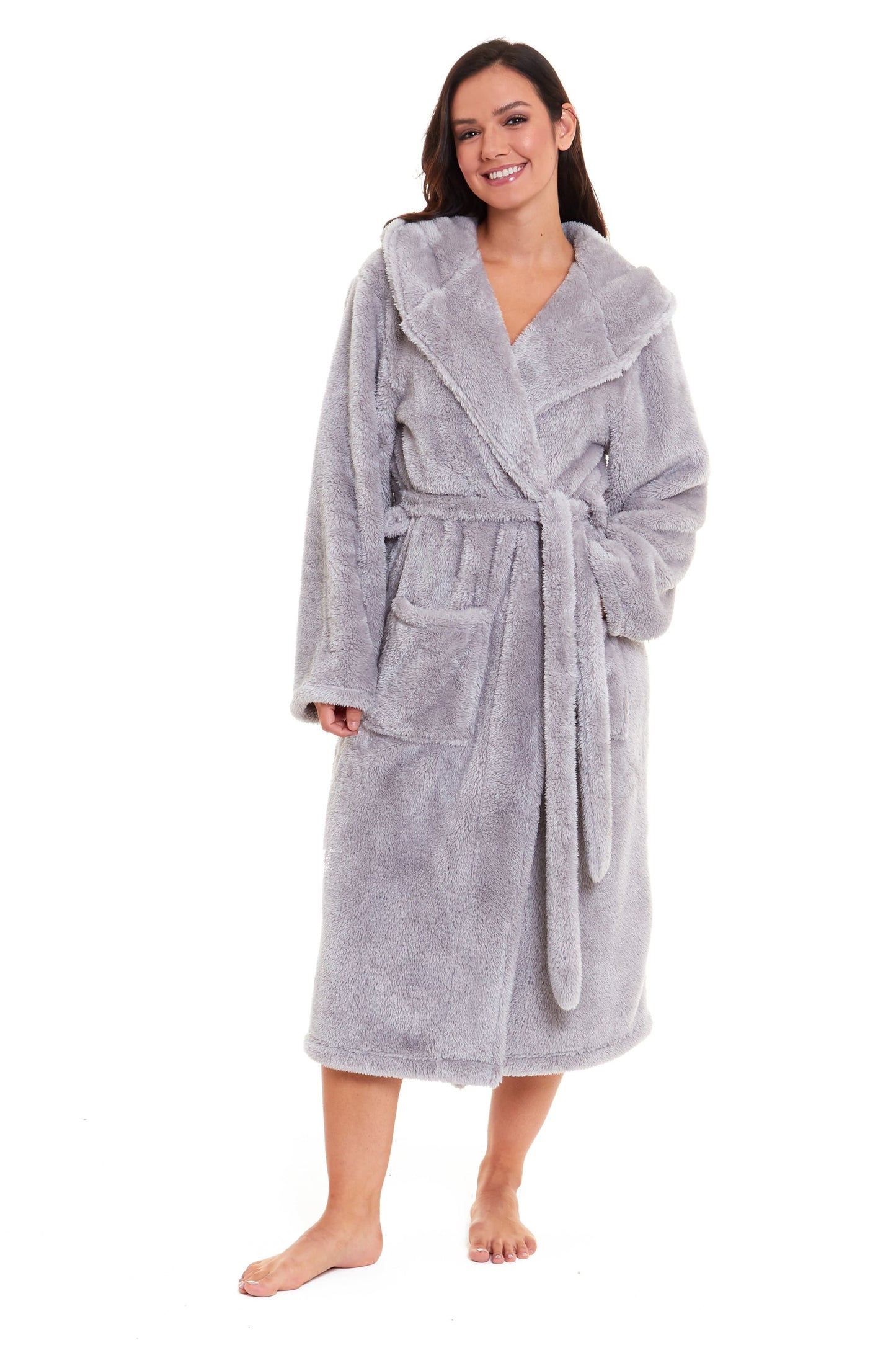 Women's Grey Snuggle Fleece Touch Hooded Robe Luxurious Soft Loungewear Cosy Durable Dressing Gown UK Sizes 8-22 by Daisy Dreamer