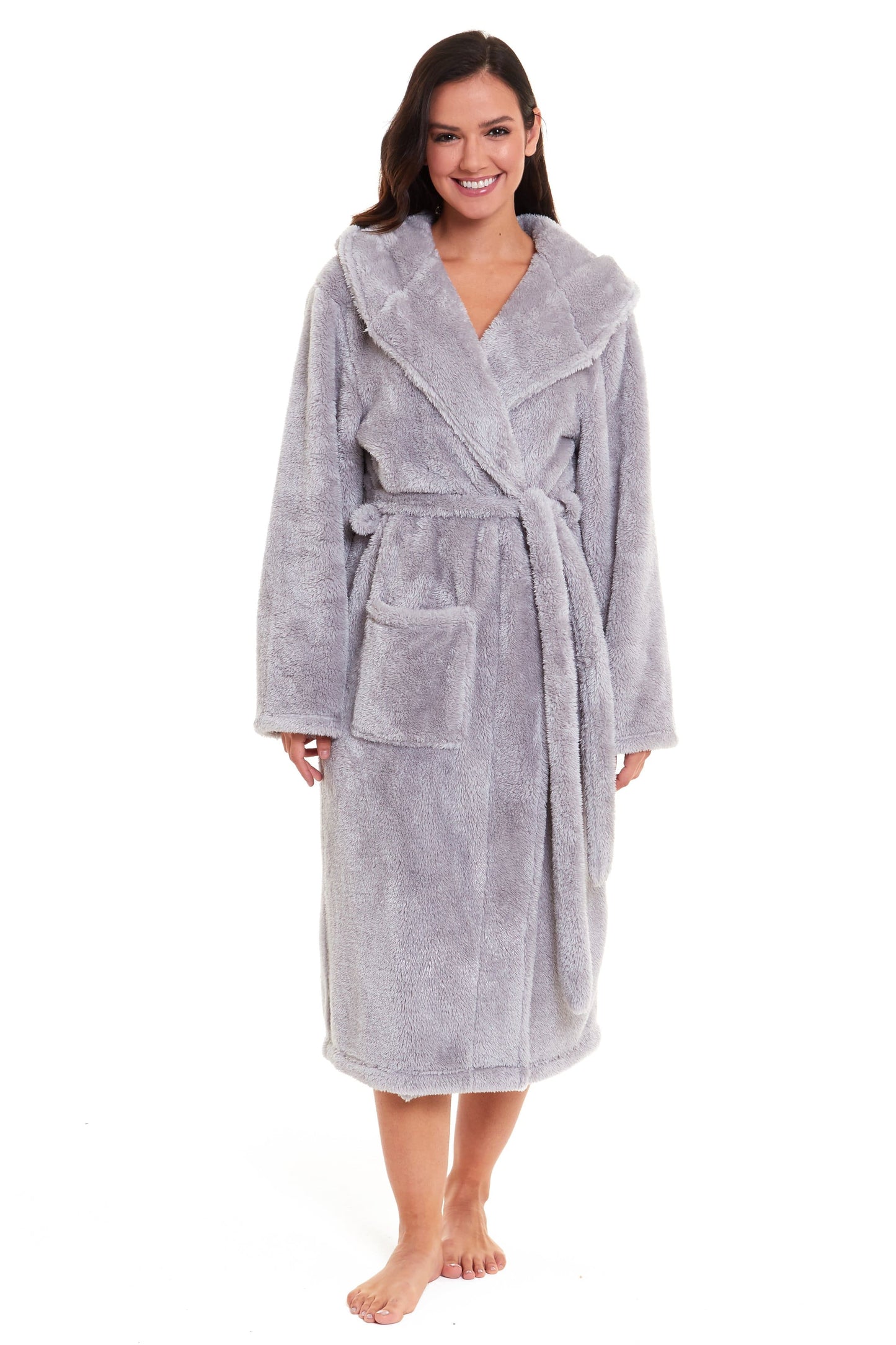 Women's Grey Snuggle Fleece Touch Hooded Robe Luxurious Soft Loungewear Cosy Durable Dressing Gown UK Sizes 8-22 by Daisy Dreamer