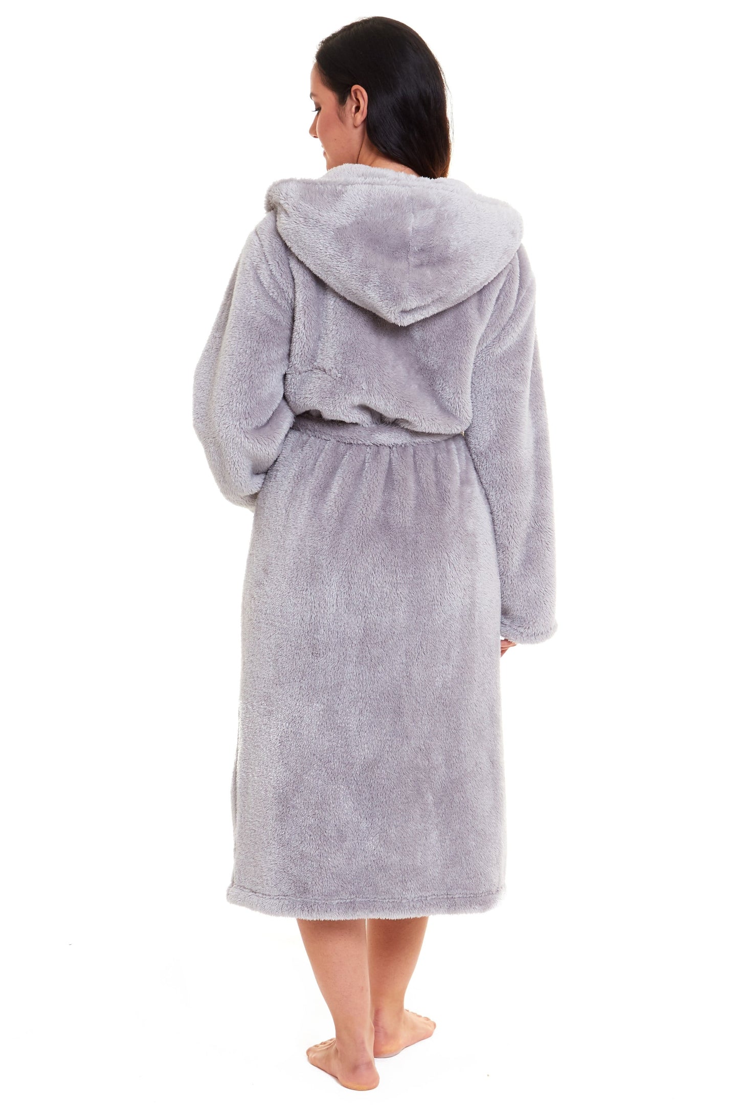 Women's Grey Snuggle Fleece Touch Hooded Robe Luxurious Soft Loungewear Cosy Durable Dressing Gown UK Sizes 8-22 by Daisy Dreamer