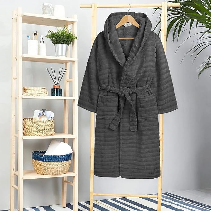 Women's Hydro Ribbed Ultra Soft 100% Cotton Hooded Bath Robes with Pockets and Belt Luxury Terry Towelling Loungewear Sleepwear in White and Grey by OLIVIA ROCCO