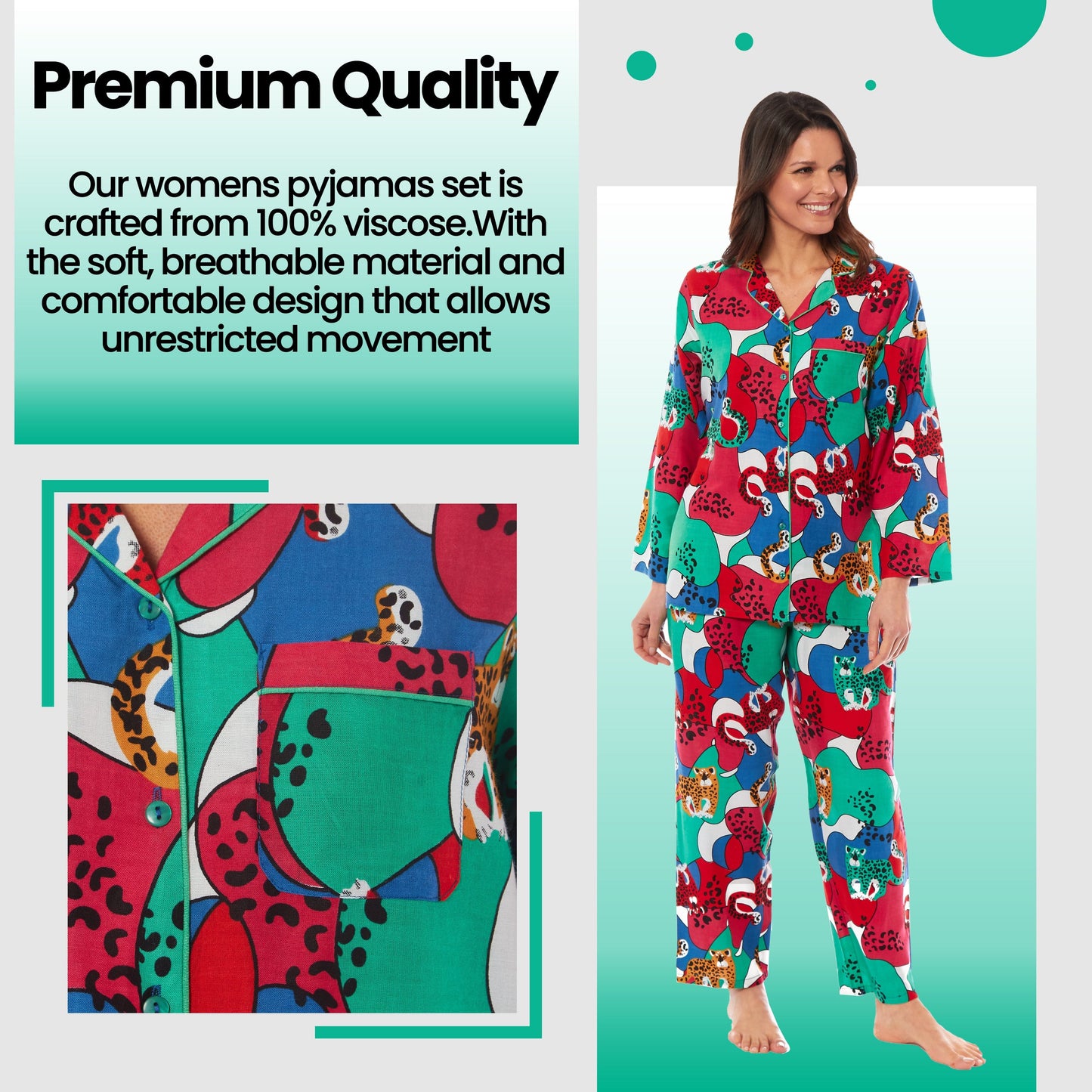 Women's Jaguar Jungle Leopard Print Button Up Pyjama Set Soft Breathable Viscose Loungewear Sleepwear Available in S M L XL by Daisy Dreamer