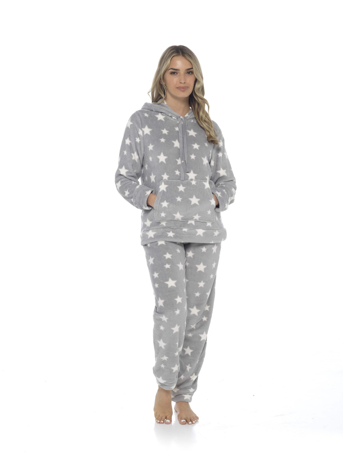 Women's Plush Fleece Hooded Pyjama Set Stars Design Soft Teddy Fabric Cosy Nightwear Loungewear Warm Comfortable Multiple Sizes by Daisy Dreamer