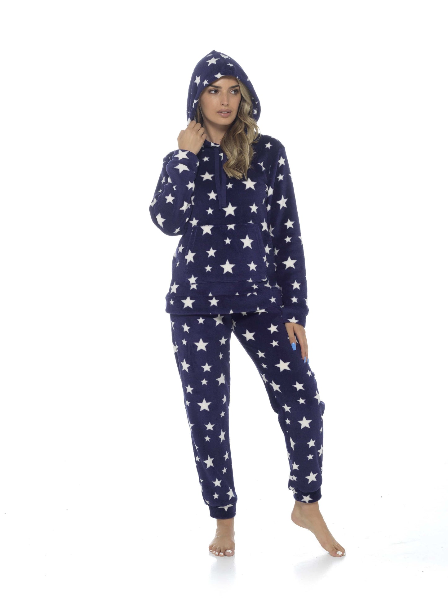 Women's Plush Fleece Hooded Pyjama Set Stars Design Soft Teddy Fabric Cosy Nightwear Loungewear Warm Comfortable Multiple Sizes by Daisy Dreamer