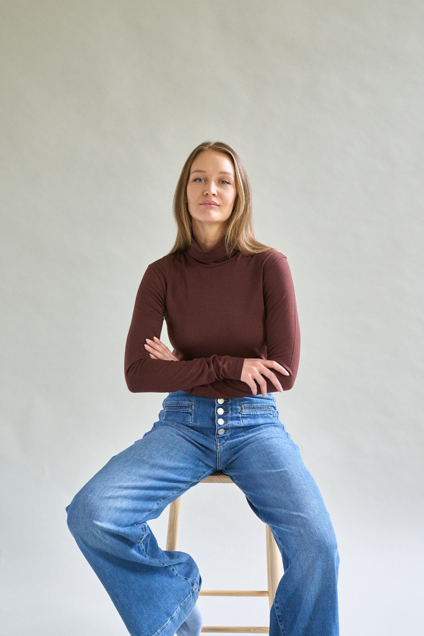 Womens Merino Polo Neck, Chocolate Brown