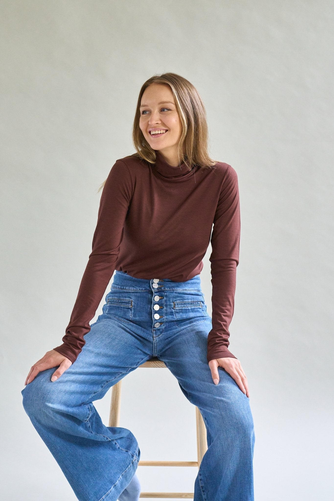 Womens Merino Polo Neck, Chocolate Brown
