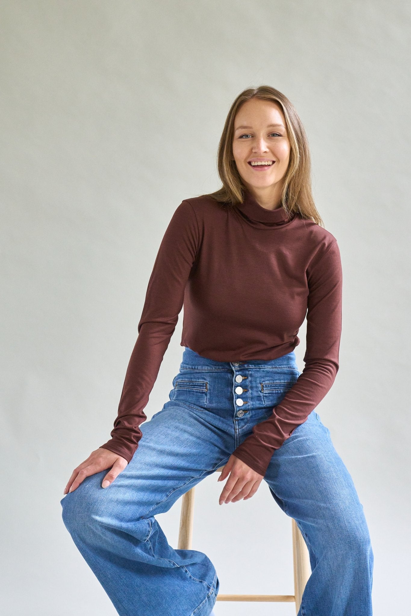 Womens Merino Polo Neck, Chocolate Brown