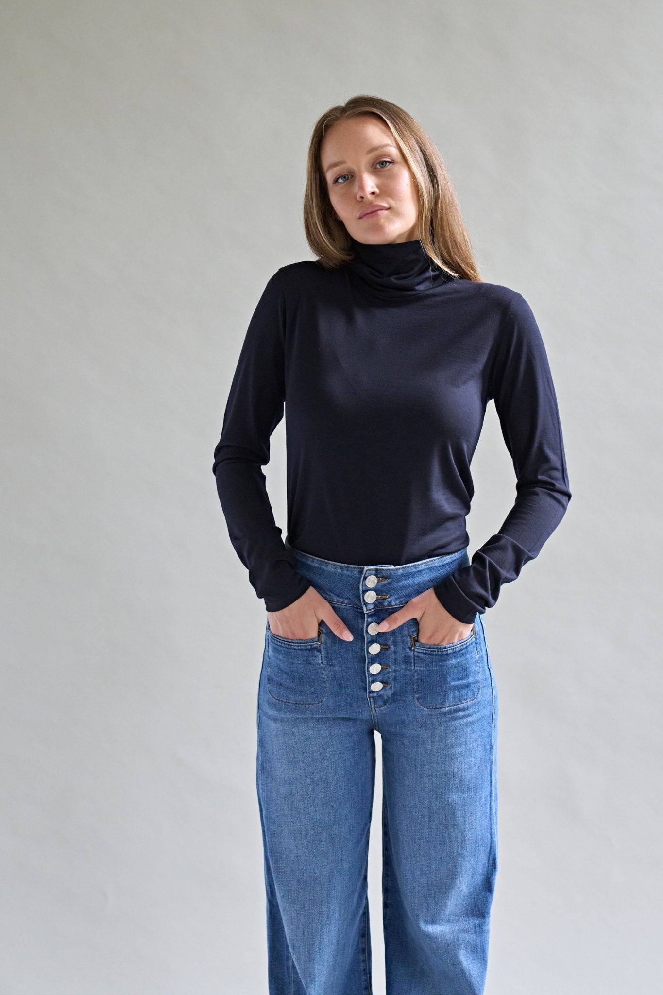 Womens Merino Polo Neck, Midnight