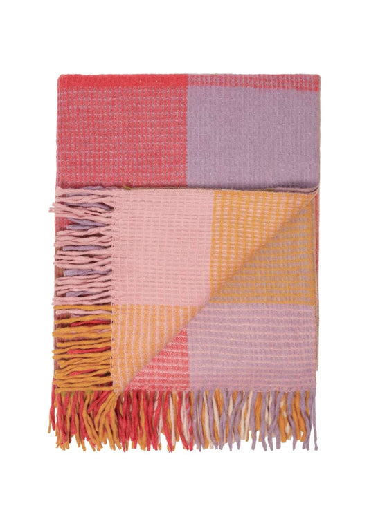 Wool Waffle Blanket In Orange/Pink Check
