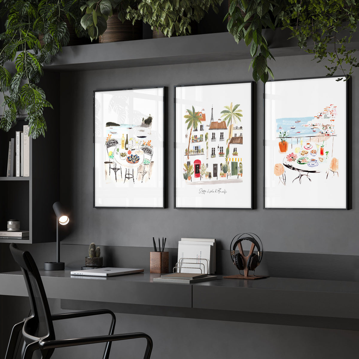Work Office Wall Art Mediterranean Coastal Café Scenes "Sotto il sole d'Amalfi" | Set of 3
