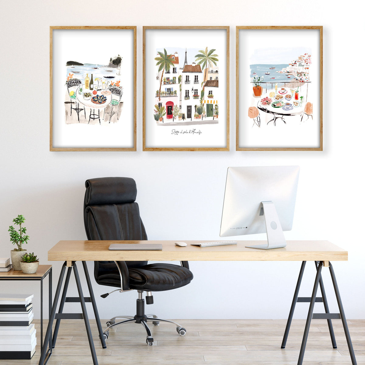 Work Office Wall Art Mediterranean Coastal Café Scenes "Sotto il sole d'Amalfi" | Set of 3