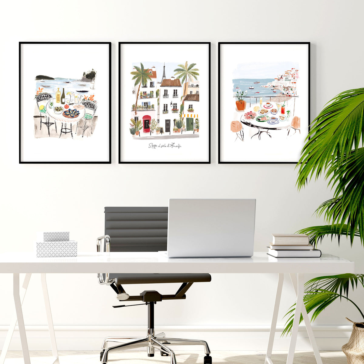 Work Office Wall Art Mediterranean Coastal Café Scenes "Sotto il sole d'Amalfi" | Set of 3
