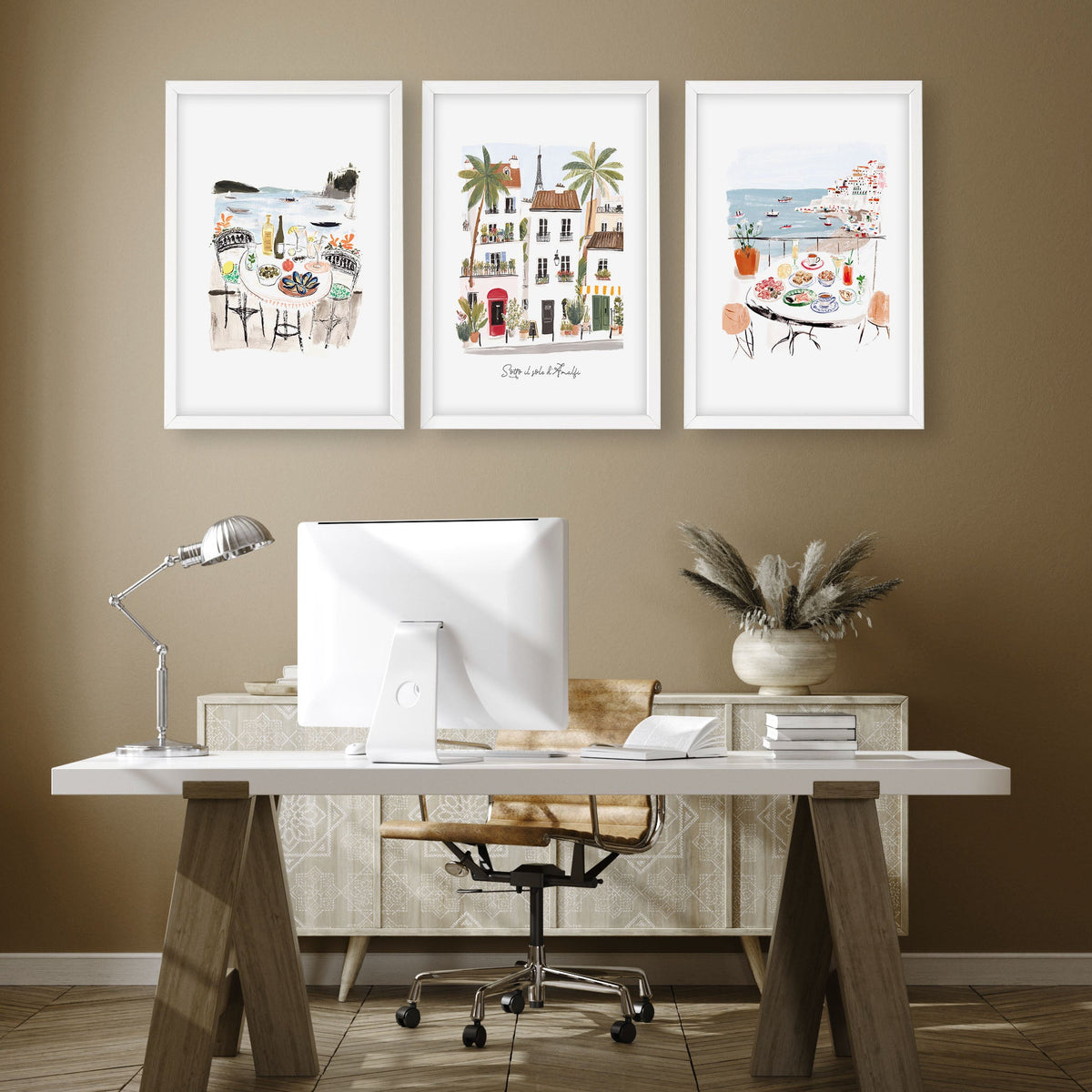 Work Office Wall Art Mediterranean Coastal Café Scenes "Sotto il sole d'Amalfi" | Set of 3