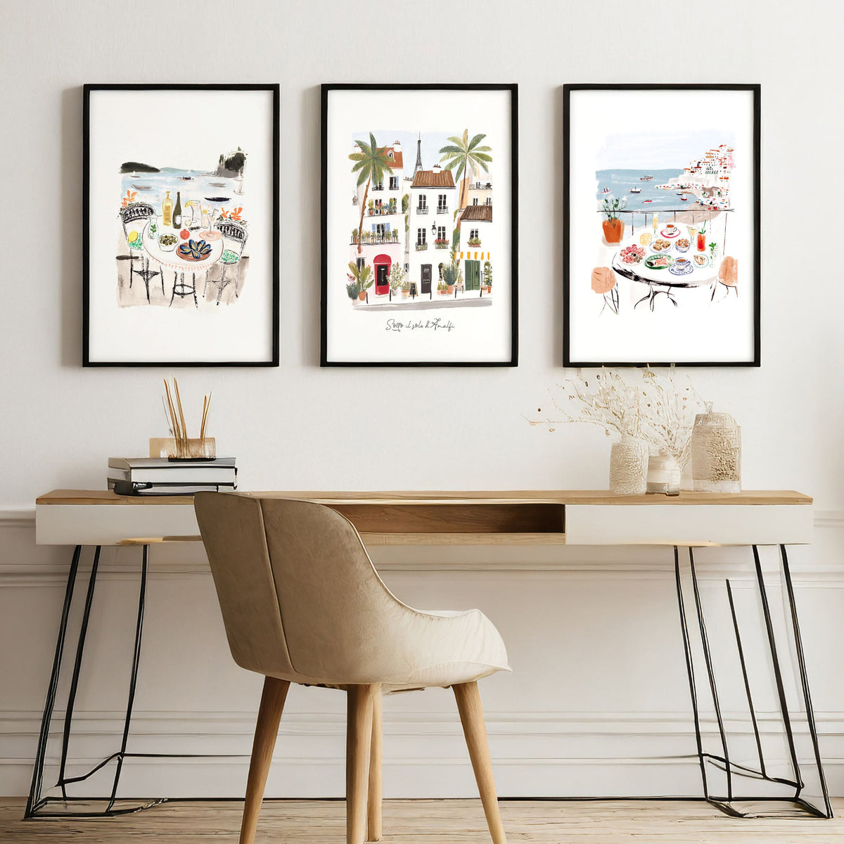 Work Office Wall Art Mediterranean Coastal Café Scenes "Sotto il sole d'Amalfi" | Set of 3