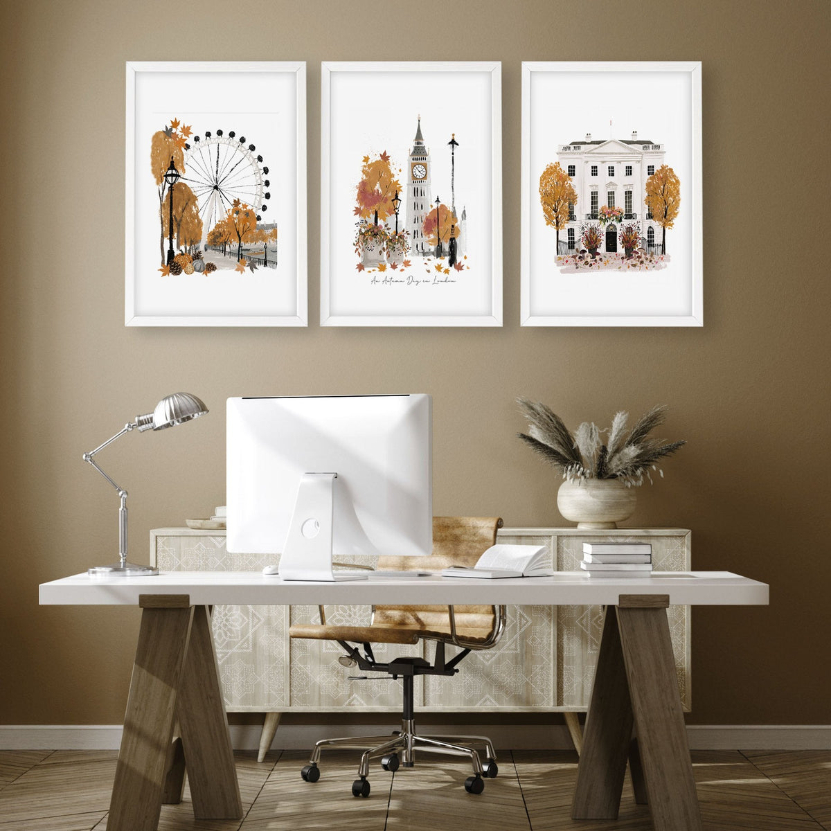 Work Office Wall Decor "An Autumn Day in London" Travel Art Prints | Set of 3