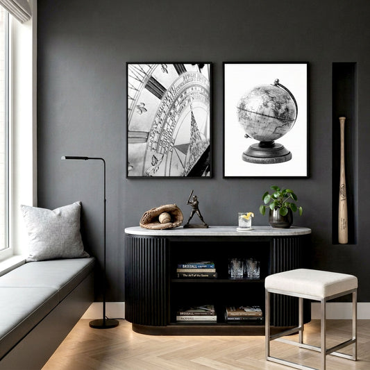 Vintage World Map Canvas | Antique Globe & Sundial Art Prints | Set of 2