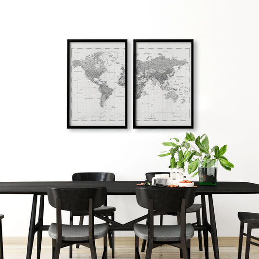 World Map Wall Art Vintage Grey Detailed Cartography Diptych | Set of 2