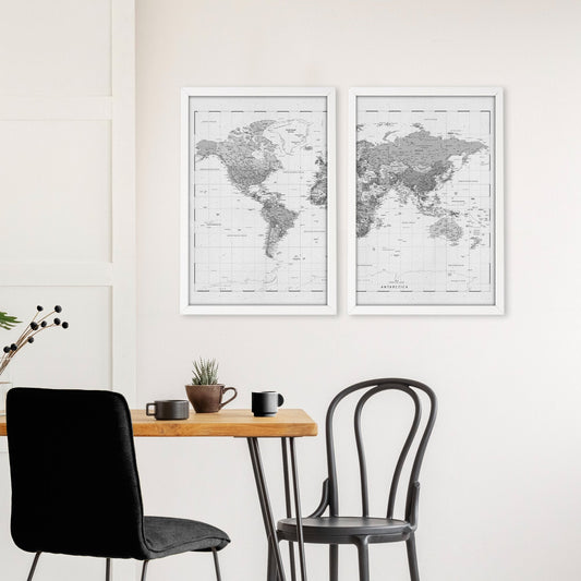 World Map Wall Art Vintage Grey Detailed Cartography Diptych | Set of 2