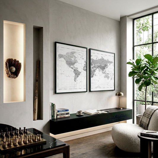 World Map Wall Decor Grey Vintage Cartography Art Prints | Set of 2