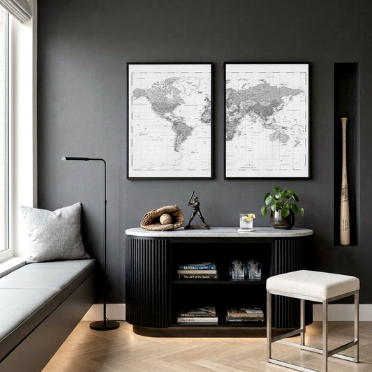 World Map Wall Decor Grey Vintage Cartography Art Prints | Set of 2