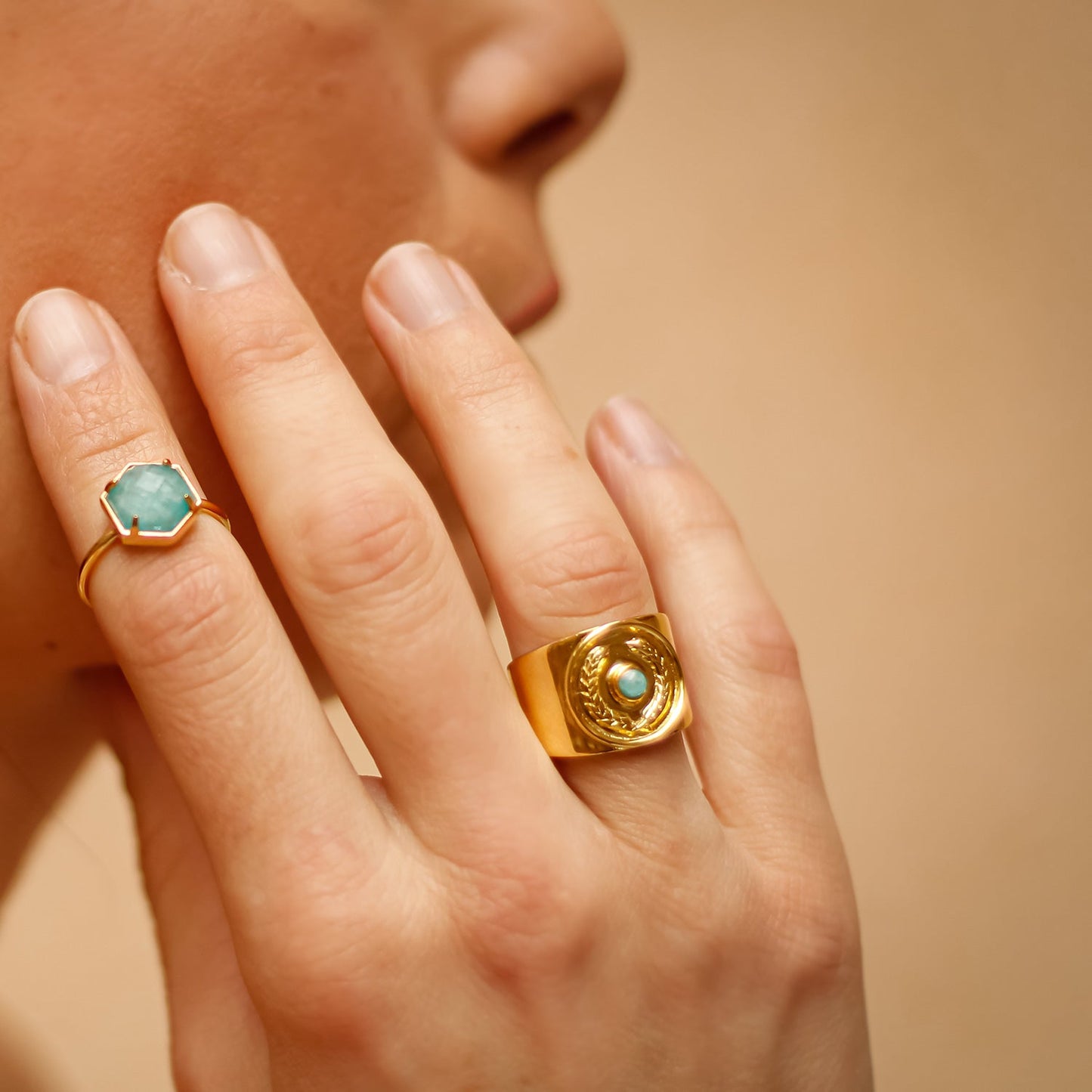 Kotinos Olive Wreath Coin Ring: Amazonite