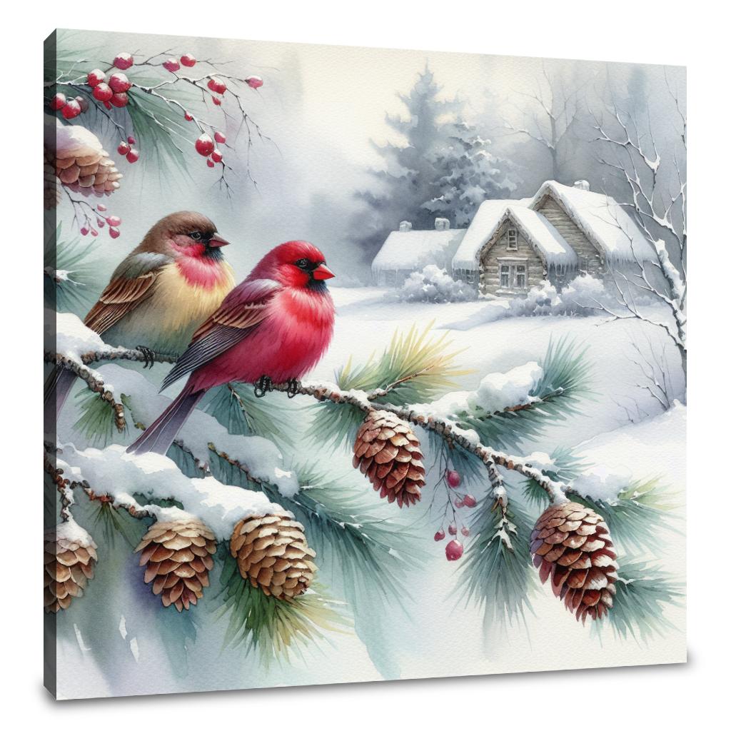 Winter Solitude: Birds' Reflection Canvas