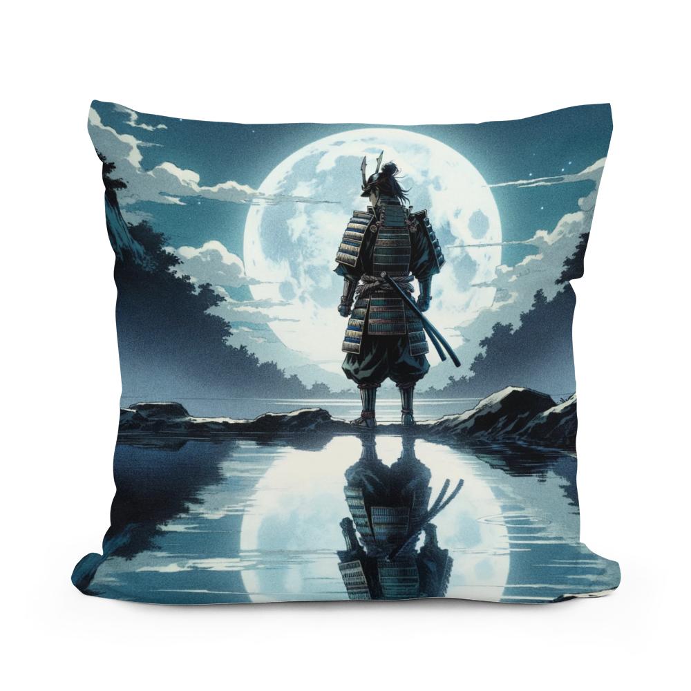 Moonlit Samurai Reflection Cotton Cushion