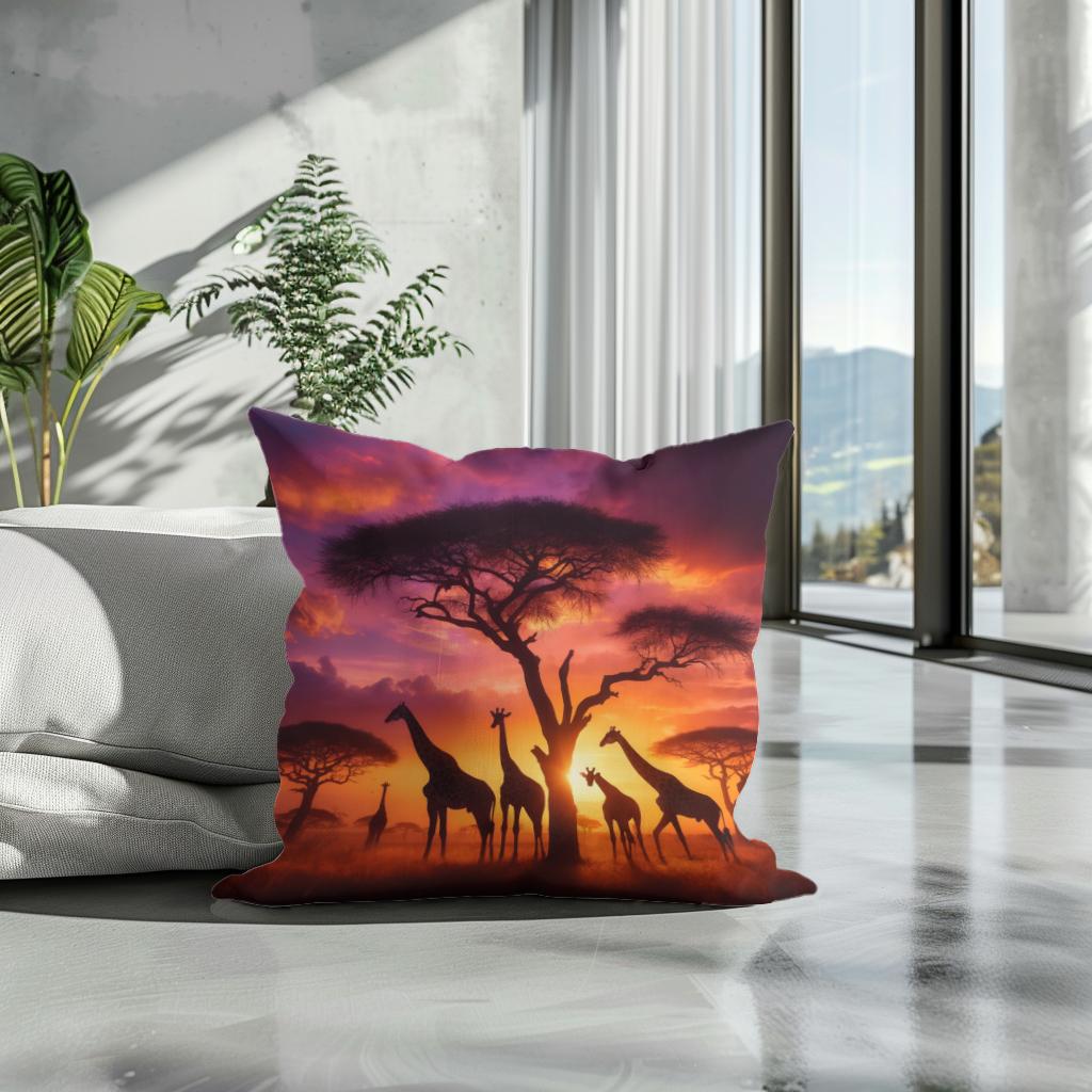 Sunset Giraffes Cotton Cushion