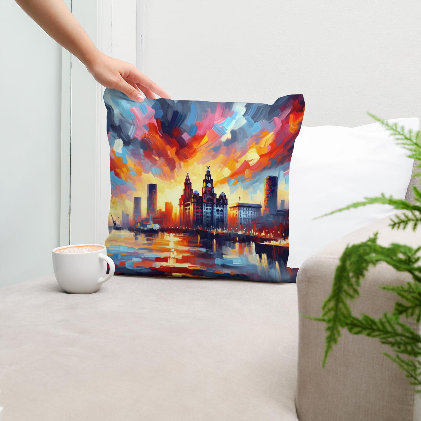 Expressionist Sunset Liverpool Skyline Cotton Cushion