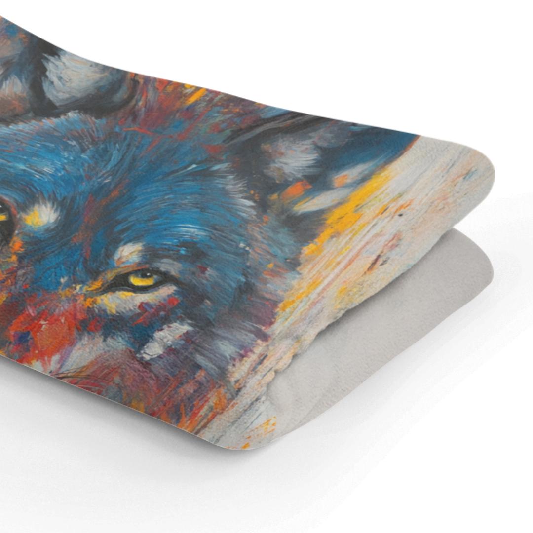 Vibrant Wolf on Grey Blanket